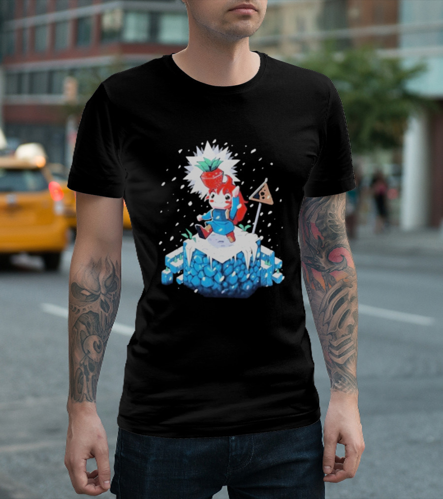 The Yetee Celeste 64 Pixel Adventure Character With Strawberry And Flag On Ice Mountain T-Shirt