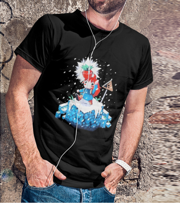The Yetee Celeste 64 Pixel Adventure Character With Strawberry And Flag On Ice Mountain T-Shirt