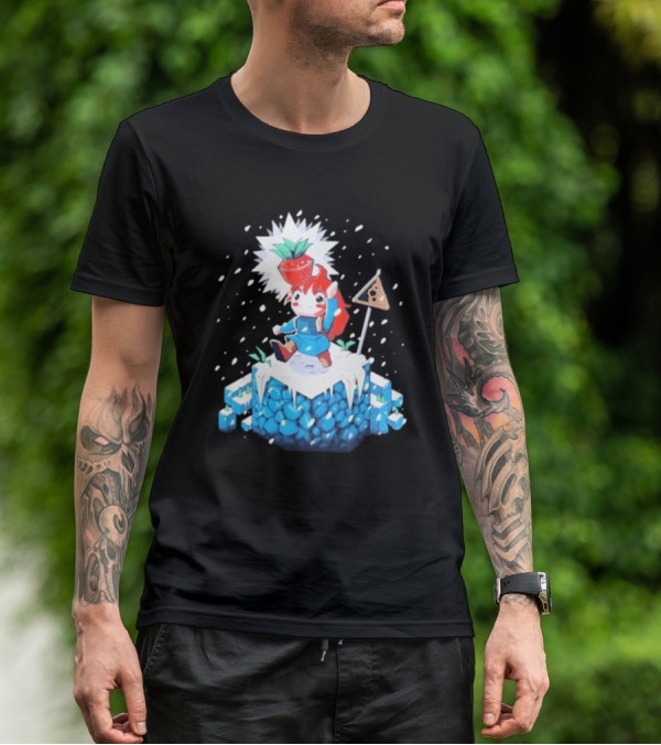 The Yetee Celeste 64 Pixel Adventure Character With Strawberry And Flag On Ice Mountain T-Shirt