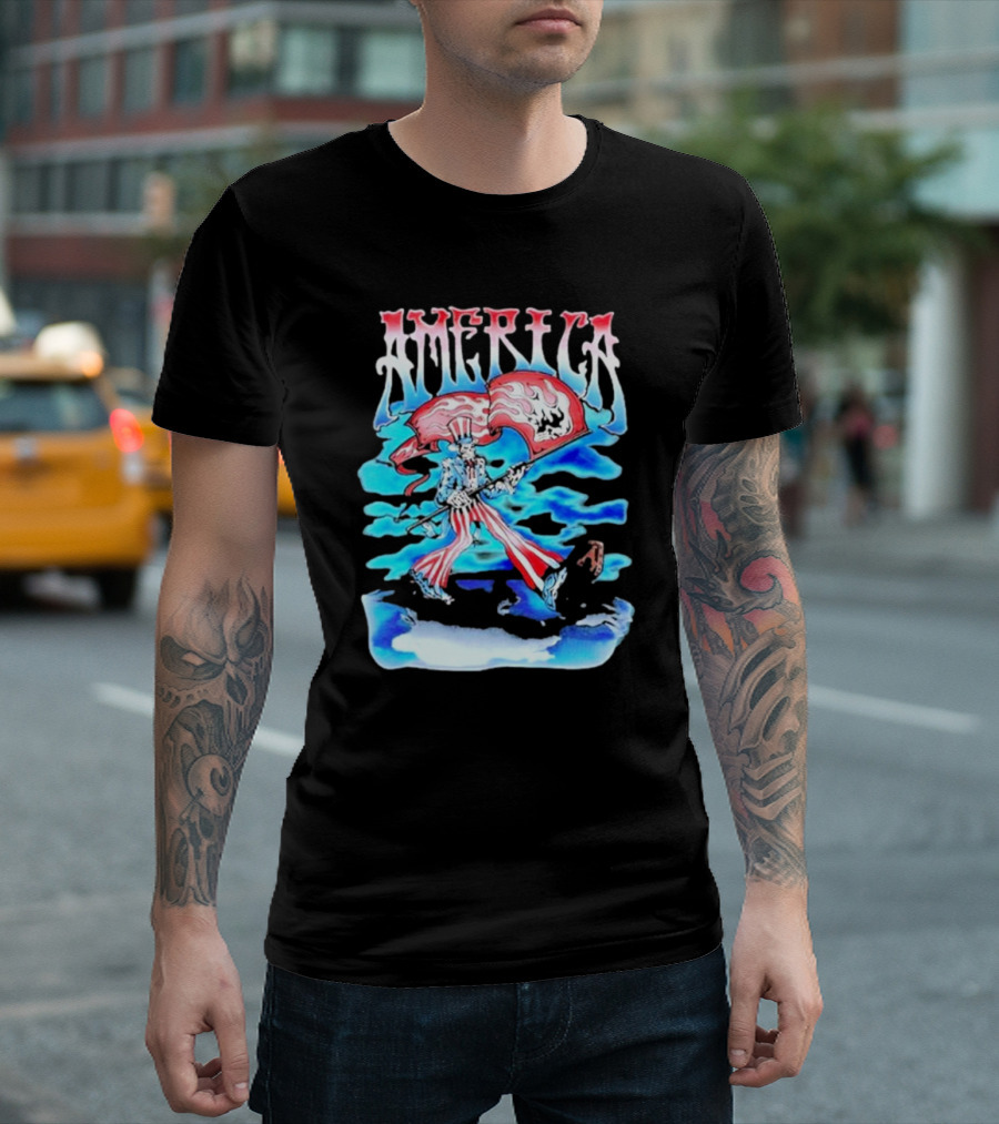 Warren Lotas America Skeleton Uncle Sam With Skull Flags T-Shirt