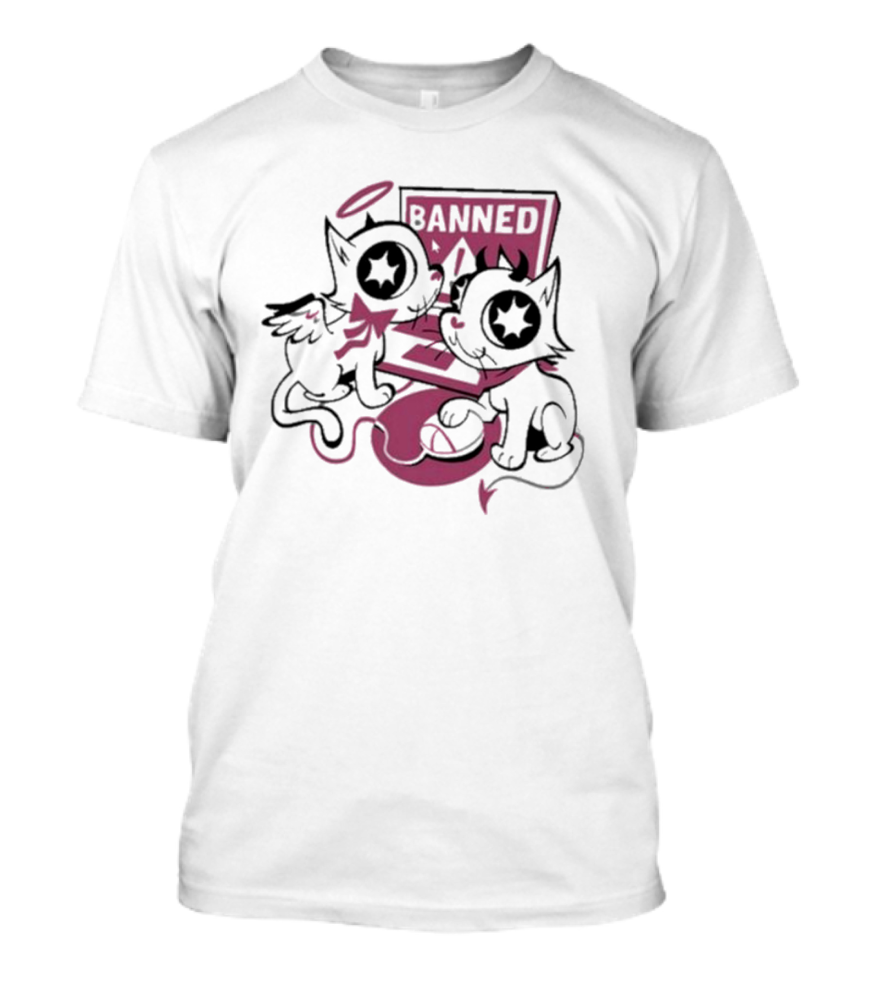 Sinjin Banned Angel Devil Cats With Starry Eyes Sitting By Computer T-Shirt