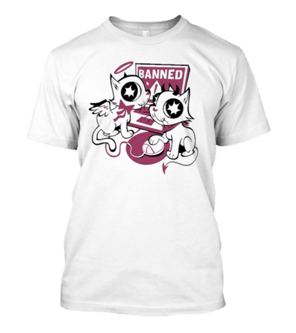 Sinjin Banned Angel Devil Cats With Starry Eyes Sitting By Computer T-Shirt