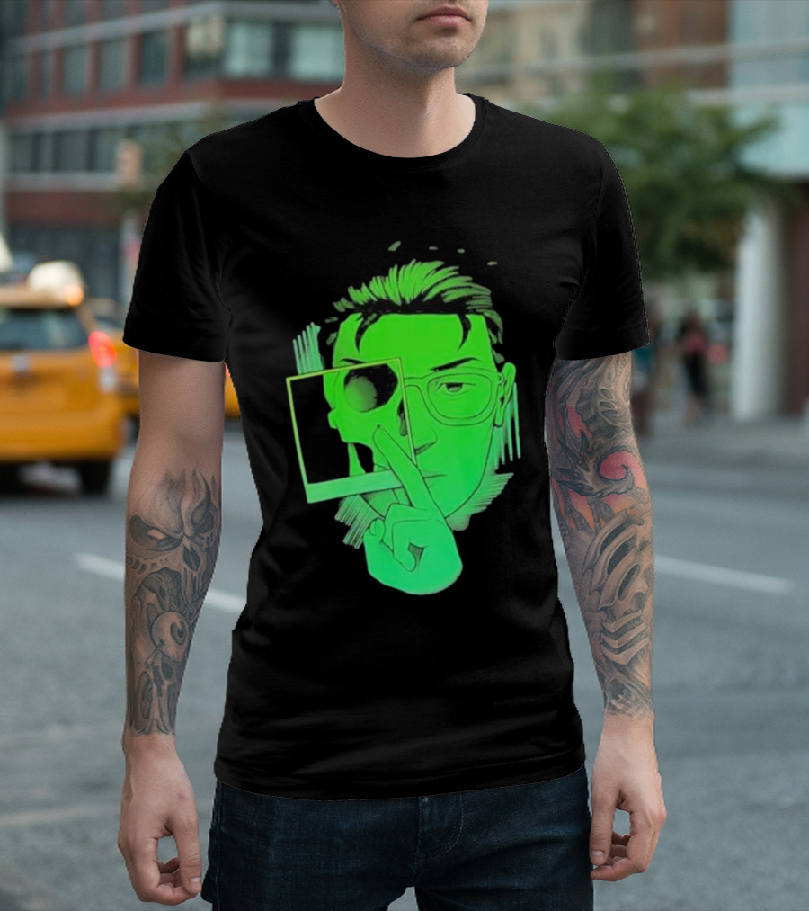 Skull Polaroid Green Neon Portrait Framerate T-Shirt