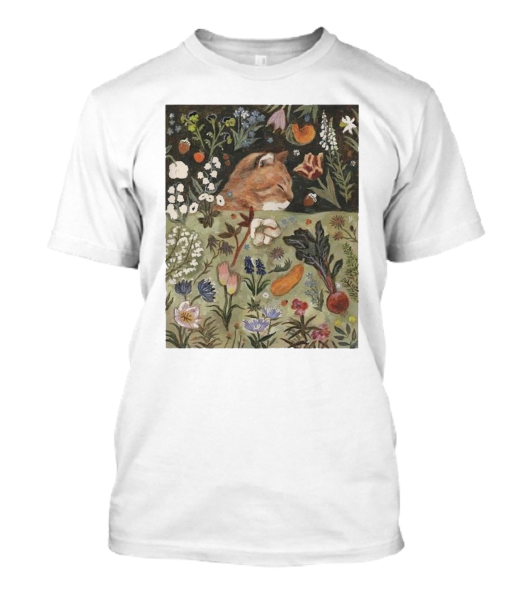 Spring Garden Selynn Lee Sleeping Cat Among Blooming Flowers And Vegetables T-Shirt