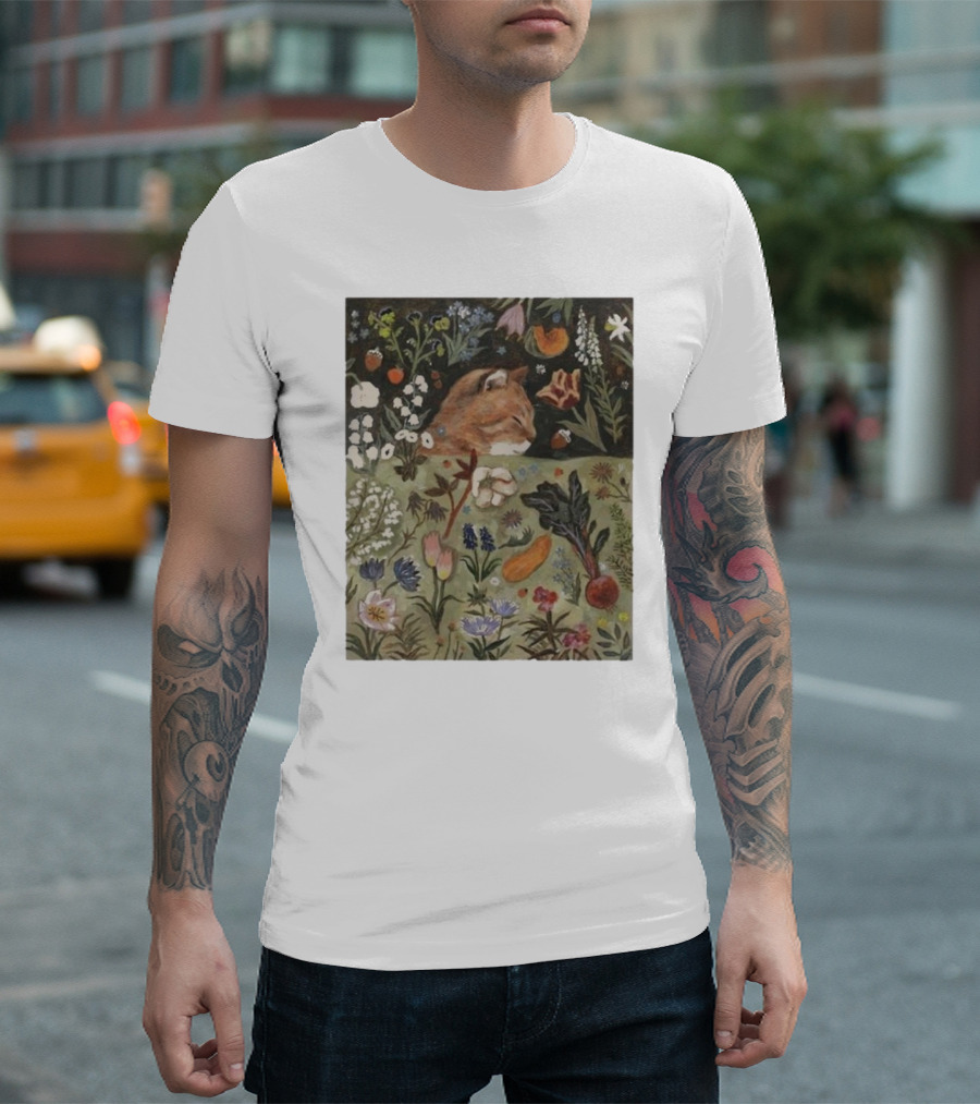 Spring Garden Selynn Lee Sleeping Cat Among Blooming Flowers And Vegetables T-Shirt