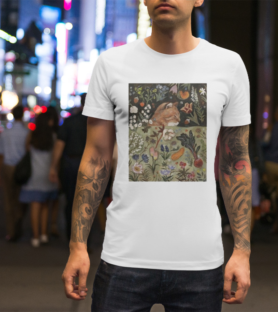 Spring Garden Selynn Lee Sleeping Cat Among Blooming Flowers And Vegetables T-Shirt