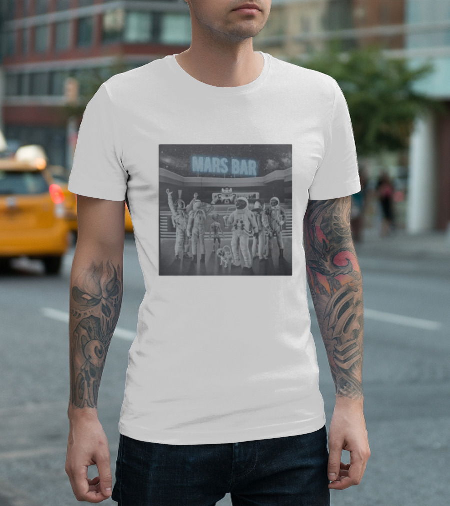 Mars Bar with Astronauts and Alien in Space Scene T-Shirt