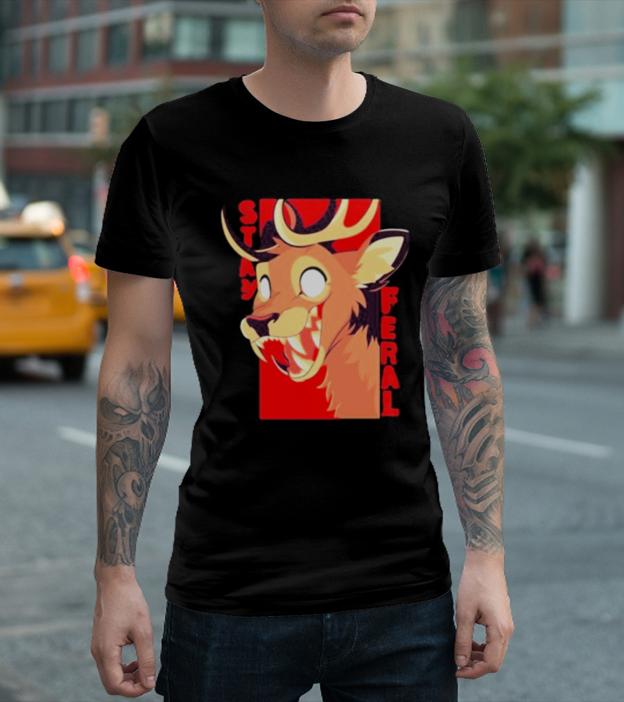 Stay Feral Toothy Deer Wild Expression Monochrome Cartoon T-Shirt