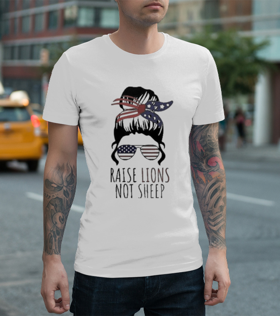 Raise Lions Not Sheep American Flag Sunglasses Messy Bun Stars and Stripes Bandana T-Shirt