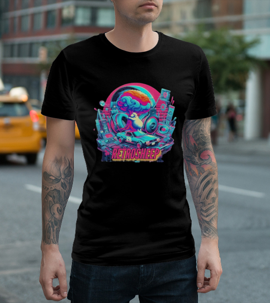 Retrosheep Neon Music Explosion with Retro Cars and Speakers T-Shirt