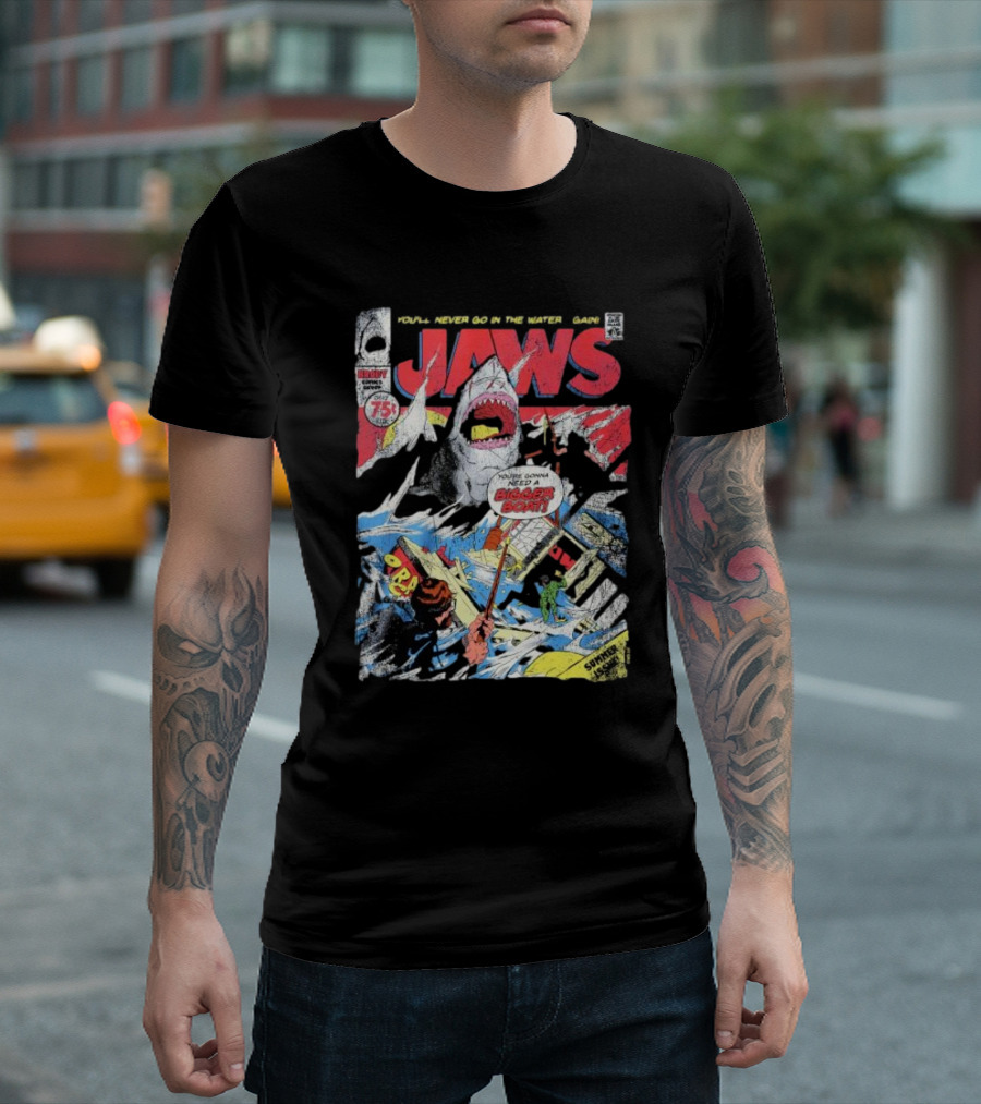 Jaws Comic Cover You'll Never Go In The Water Again You're Gonna Need A Bigger Boat 75 Cent July Roy Thomas Ross Andru Comic Code Authority T-Shirt