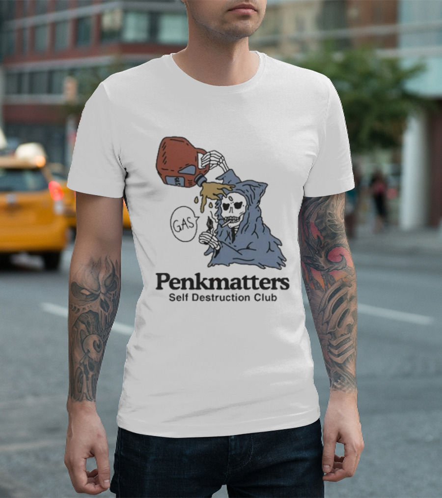 Penkmatters Self Destruction Club Gas Can Pouring On Hooded Figure T-Shirt