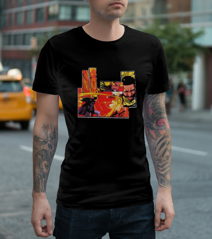 Kid Cudi Moon Man Full Comic Style Dynamic Red and Yellow Panels T-Shirt