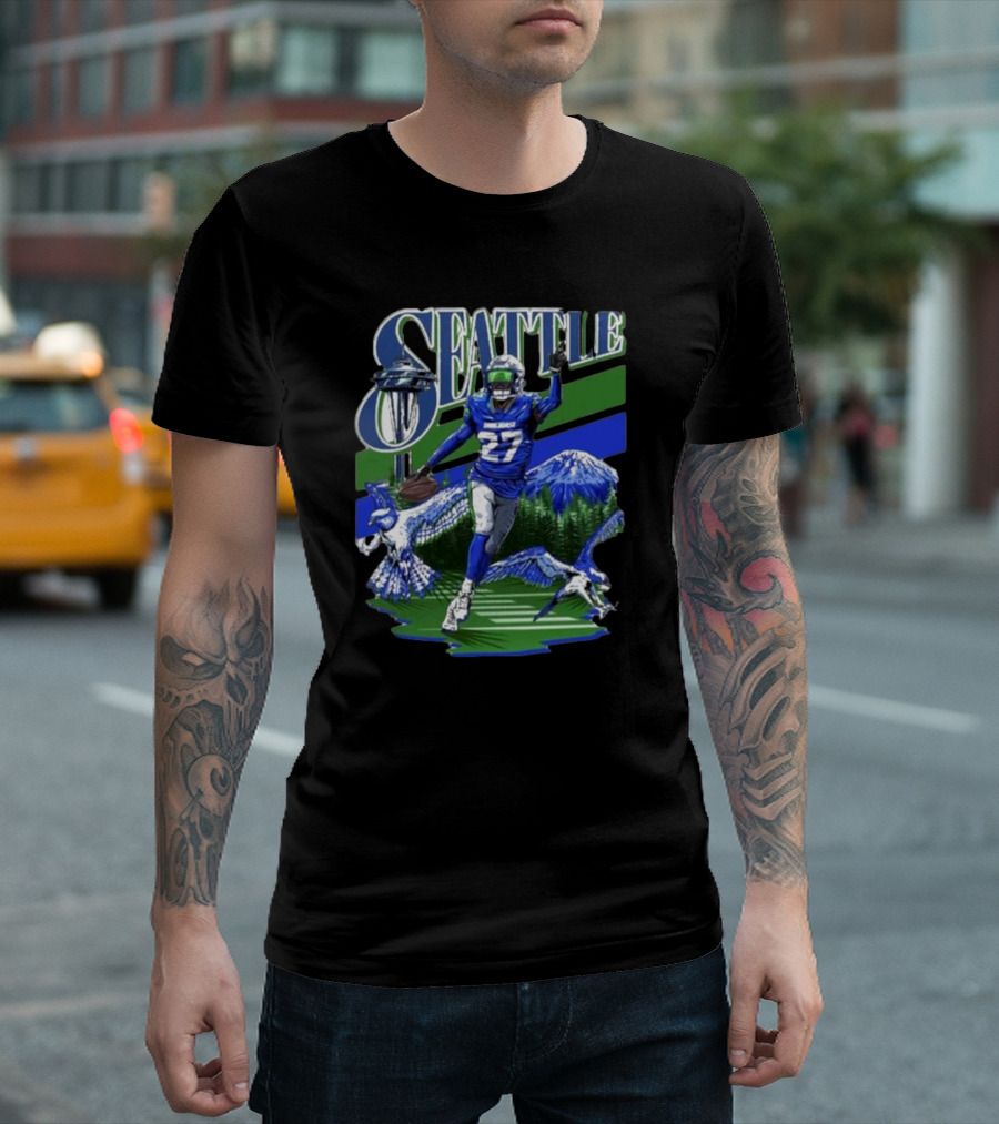 Seattle Seahawks Tariq Woolen Number 27 with Space Needle and Mountain Background T-Shirt