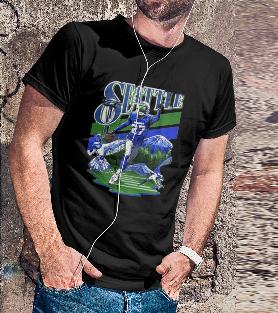 Seattle Seahawks Tariq Woolen Number 27 With Space Needle And Mountain Background T-Shirt