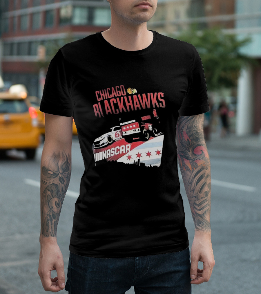 Chicago Blackhawks NASCAR Racing Car with City Skyline and Number 61 T-Shirt