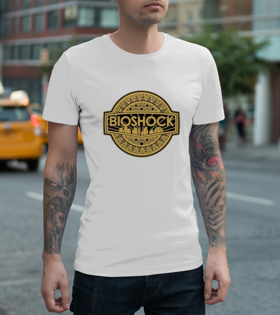 Bioshock Art Deco Golden Emblem with Cityscape T-Shirt