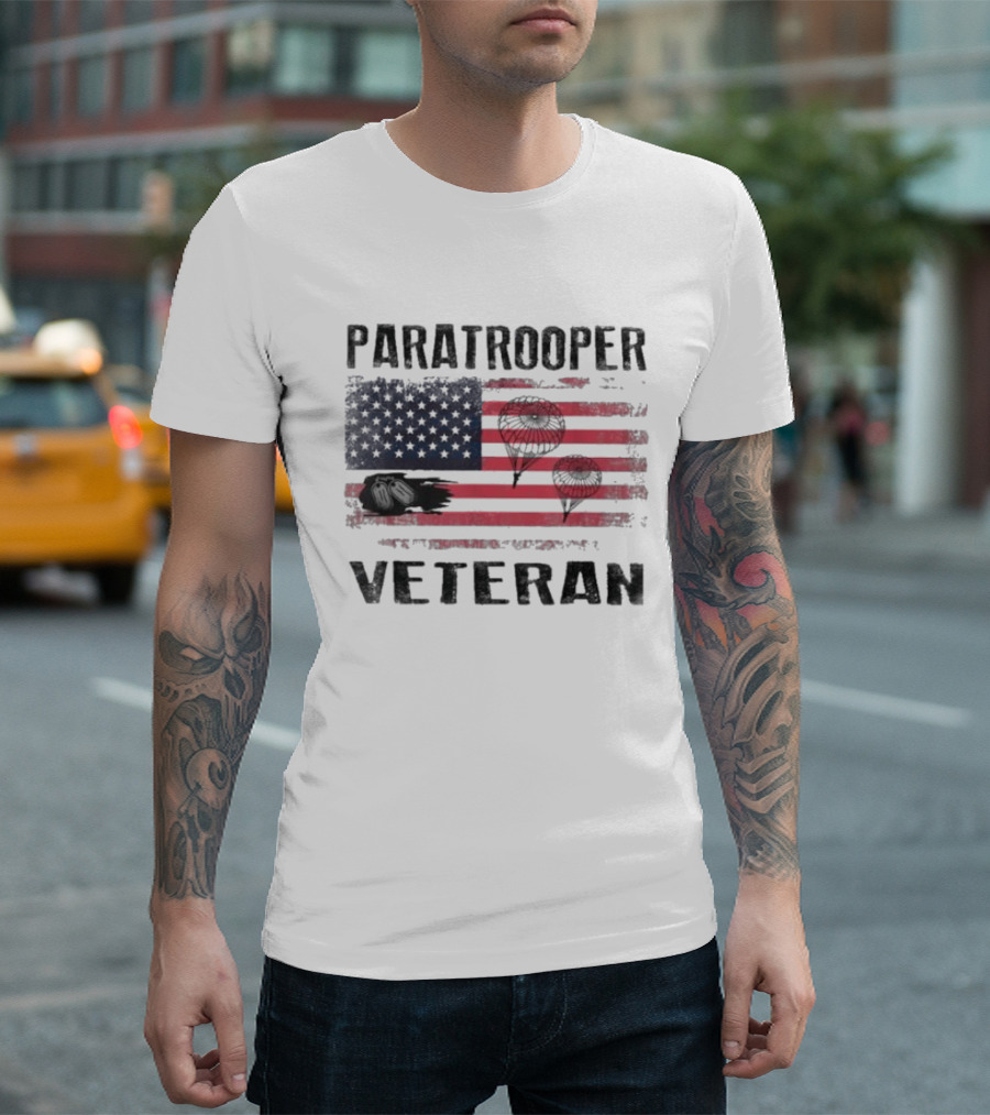Paratrooper Veteran US Flag Tribute with Airborne T-Shirt