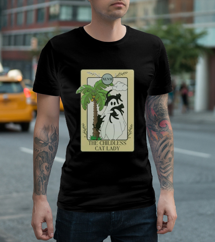 XLVII The Childless Cat Lady Ghost Black Cat Coconut Tree T-Shirt