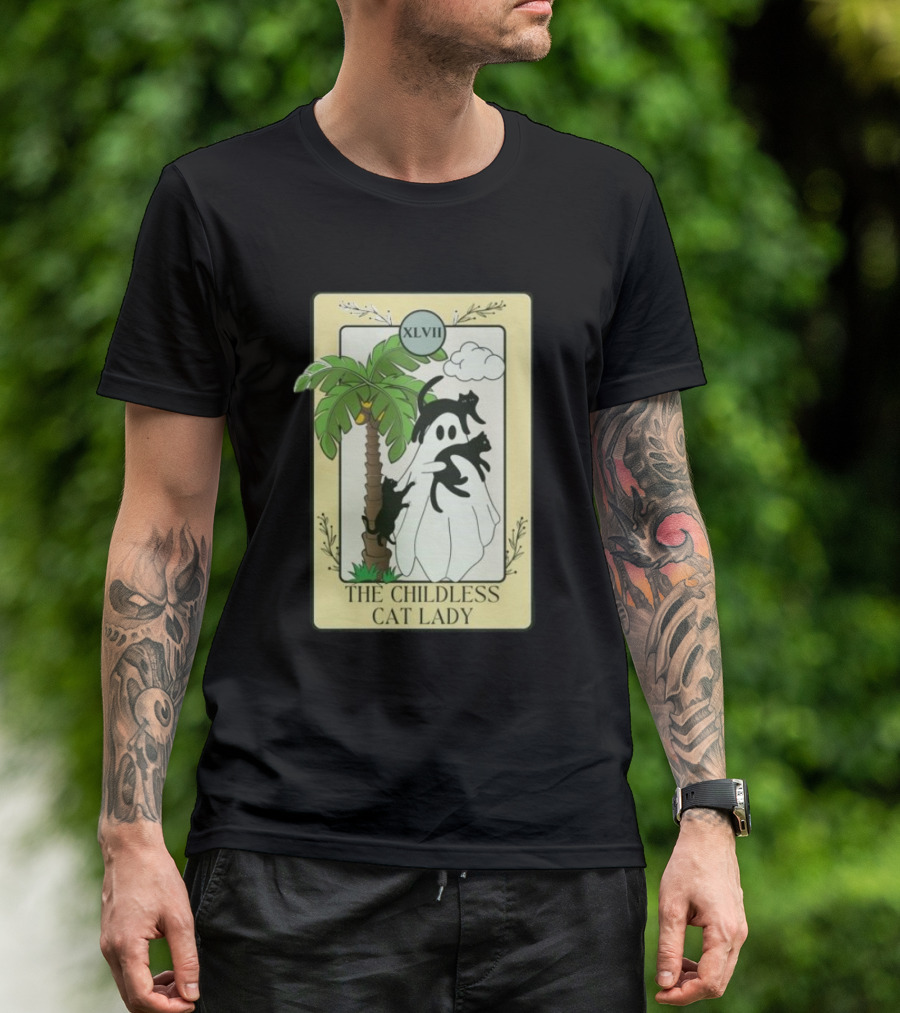 XLVII The Childless Cat Lady Ghost Black Cat Coconut Tree T-Shirt