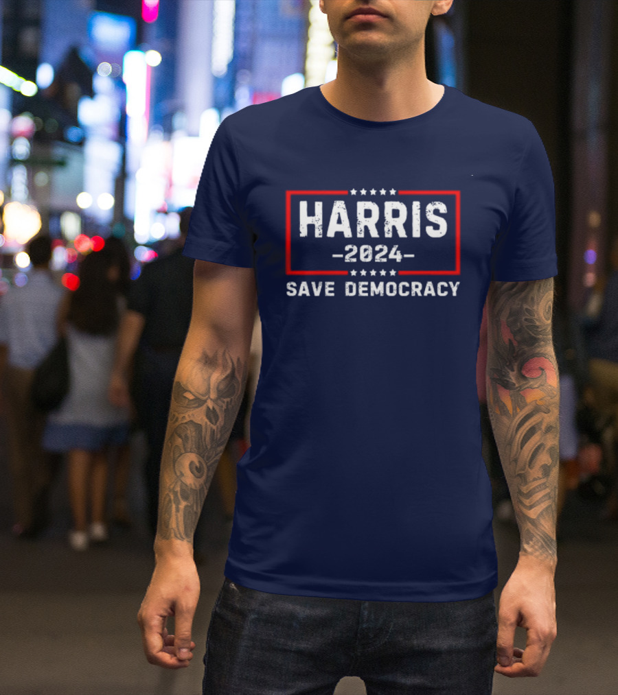 Kamala Harris 2024 Save Democracy Stars And Bold Red Frame T-Shirt
