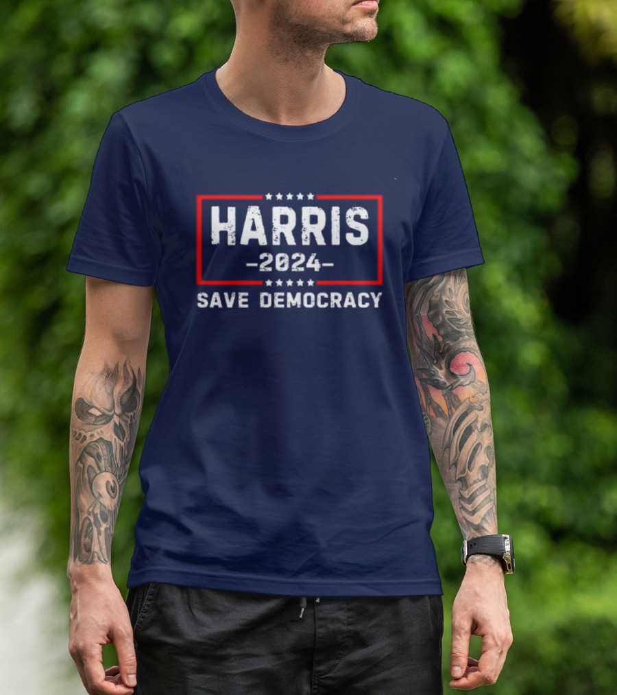 Kamala Harris 2024 Save Democracy Stars And Bold Red Frame T-Shirt