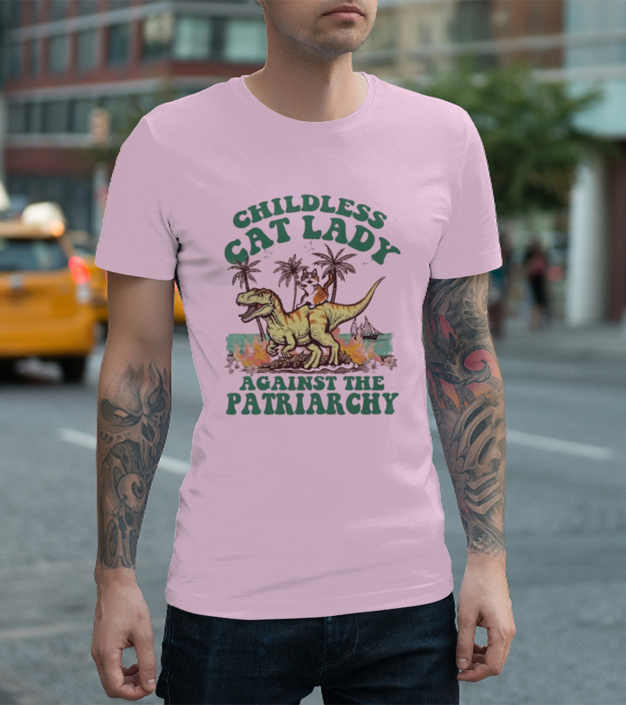 Childless Cat Lady Riding Dinosaur Against The Patriarchy With Flaming Coconut Trees T-Shirt
