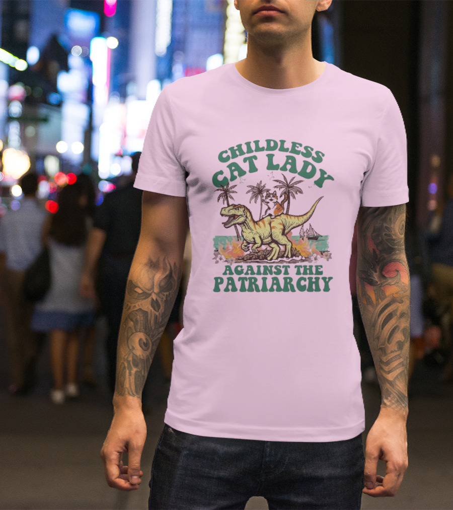 Childless Cat Lady Riding Dinosaur Against The Patriarchy With Flaming Coconut Trees T-Shirt