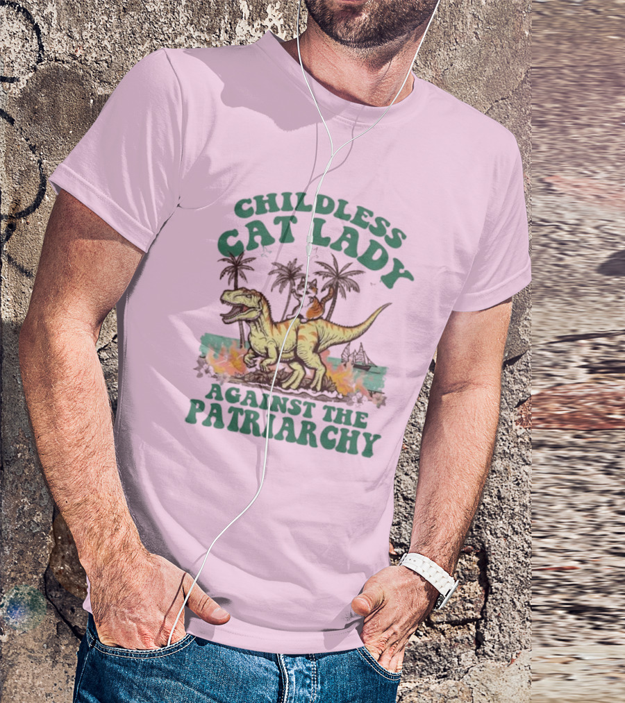 Childless Cat Lady Riding Dinosaur Against The Patriarchy With Flaming Coconut Trees T-Shirt