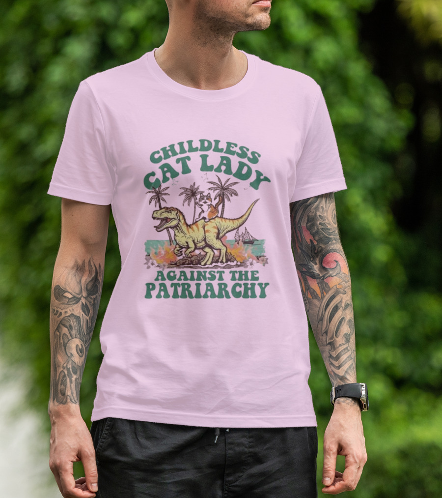 Childless Cat Lady Riding Dinosaur Against The Patriarchy With Flaming Coconut Trees T-Shirt