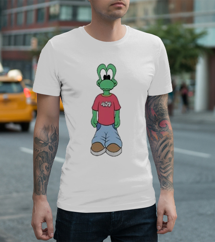 Squills 45for Life Double Green Character in Red Shirt and Blue Jeans with Oversized Shoes T-Shirt