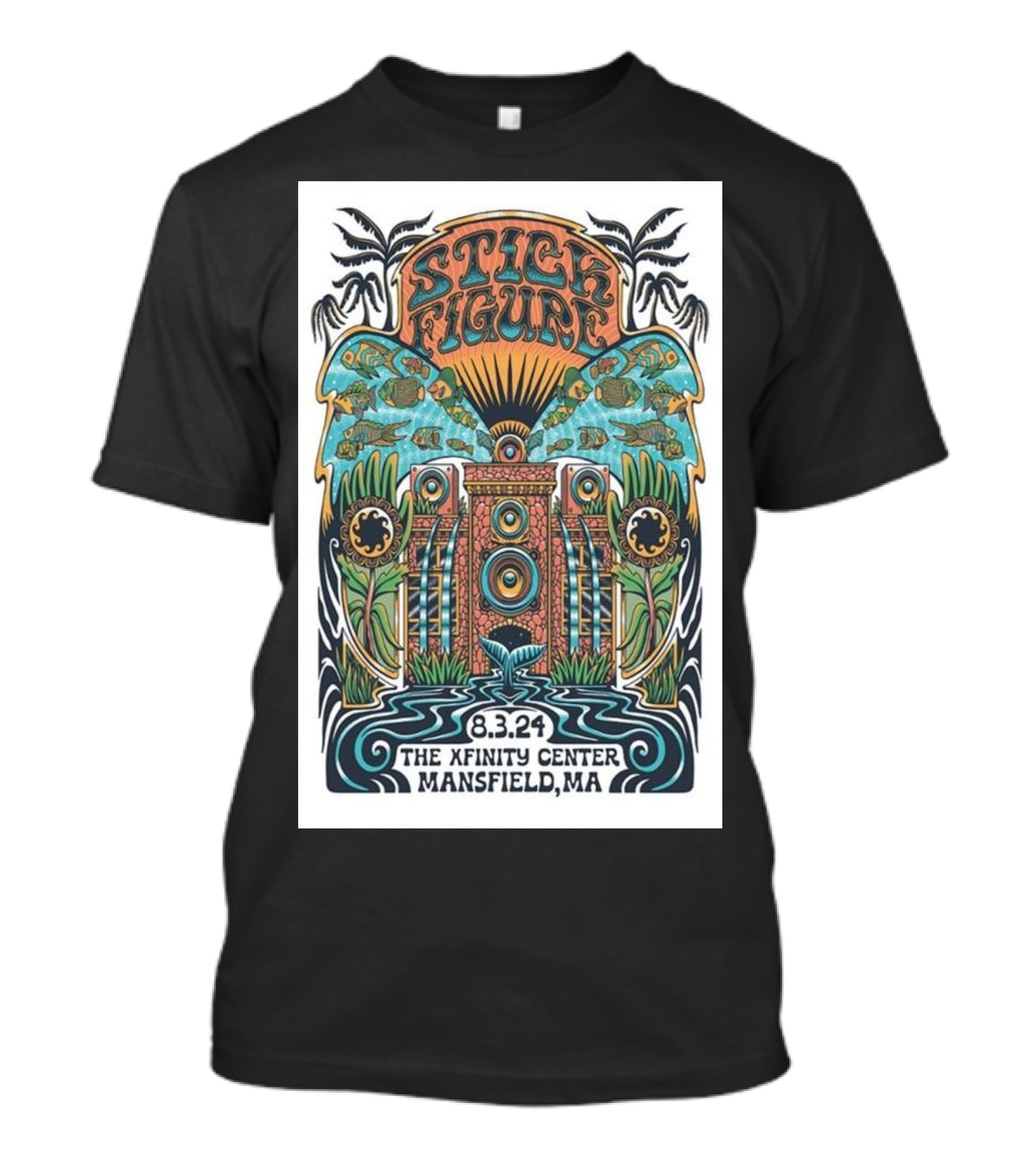 Stick Figure Concert Poster The Xfinity Center Mansfield MA August 3 2024 Psychedelic Art With Fish And Speaker T-Shirt
