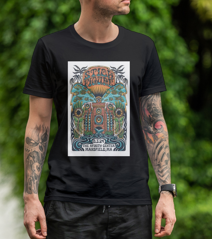 Stick Figure Concert Poster The Xfinity Center Mansfield MA August 3 2024 Psychedelic Art With Fish And Speaker T-Shirt