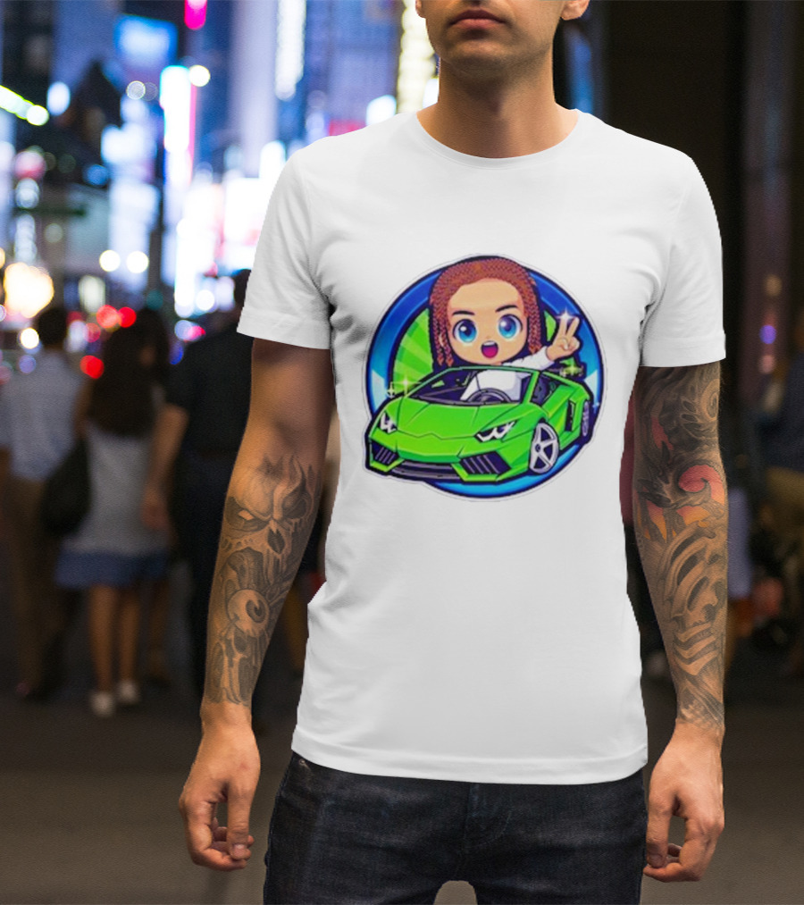 Leontin 2024 Cartoon Driver In Green Sports Car With Peace Sign T-Shirt