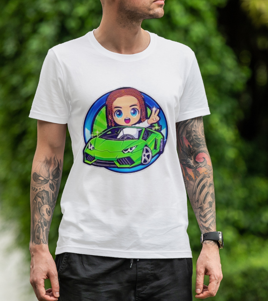 Leontin 2024 Cartoon Driver In Green Sports Car With Peace Sign T-Shirt