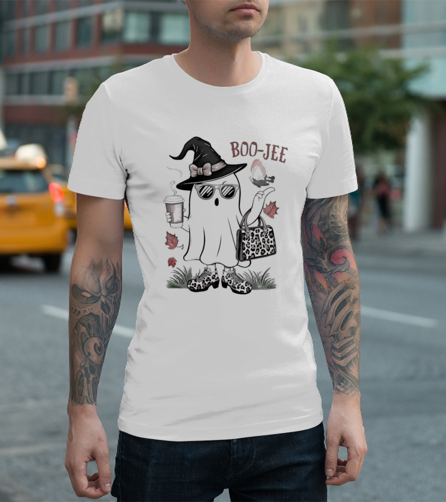 Boo Jee Leopard Ghost Fall Vibes with Witch Hat and Coffee Cup T-Shirt