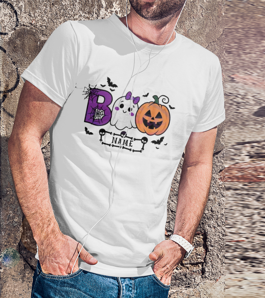 Boo Name Ghost Pumpkin Halloween Spiders Bats T-Shirt