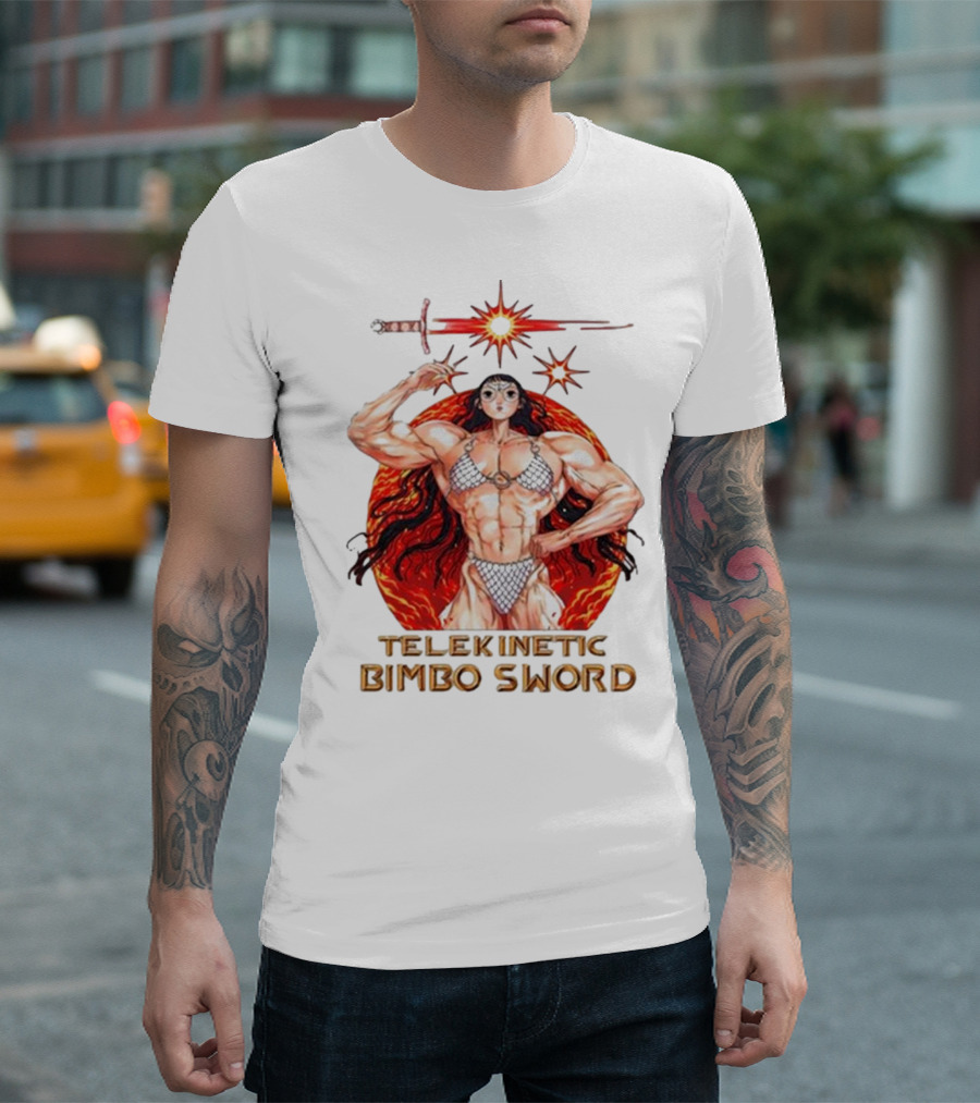 Rebecca Kirby Telekinetic Bimbo Sword Warrior with Fiery Background T-Shirt