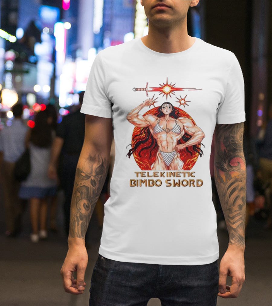 Rebecca Kirby Telekinetic Bimbo Sword Warrior With Fiery Background T-Shirt