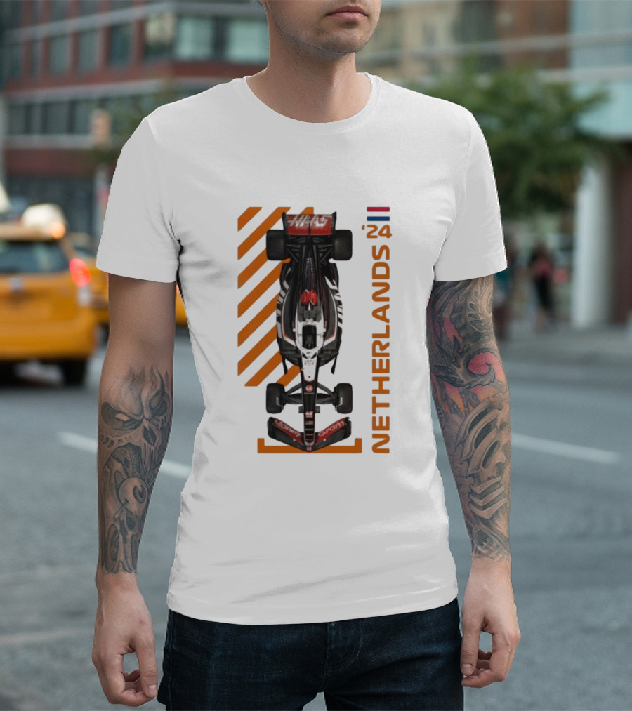Haas F1 Racing Car Netherlands 24 Orange Stripes Racing Formula 1 T-Shirt