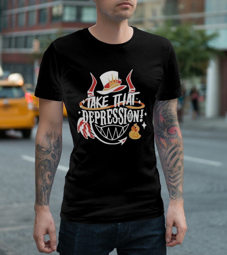Hazbin Hotel Take That Depression Red Horns and White Hat Duck Wings T-Shirt
