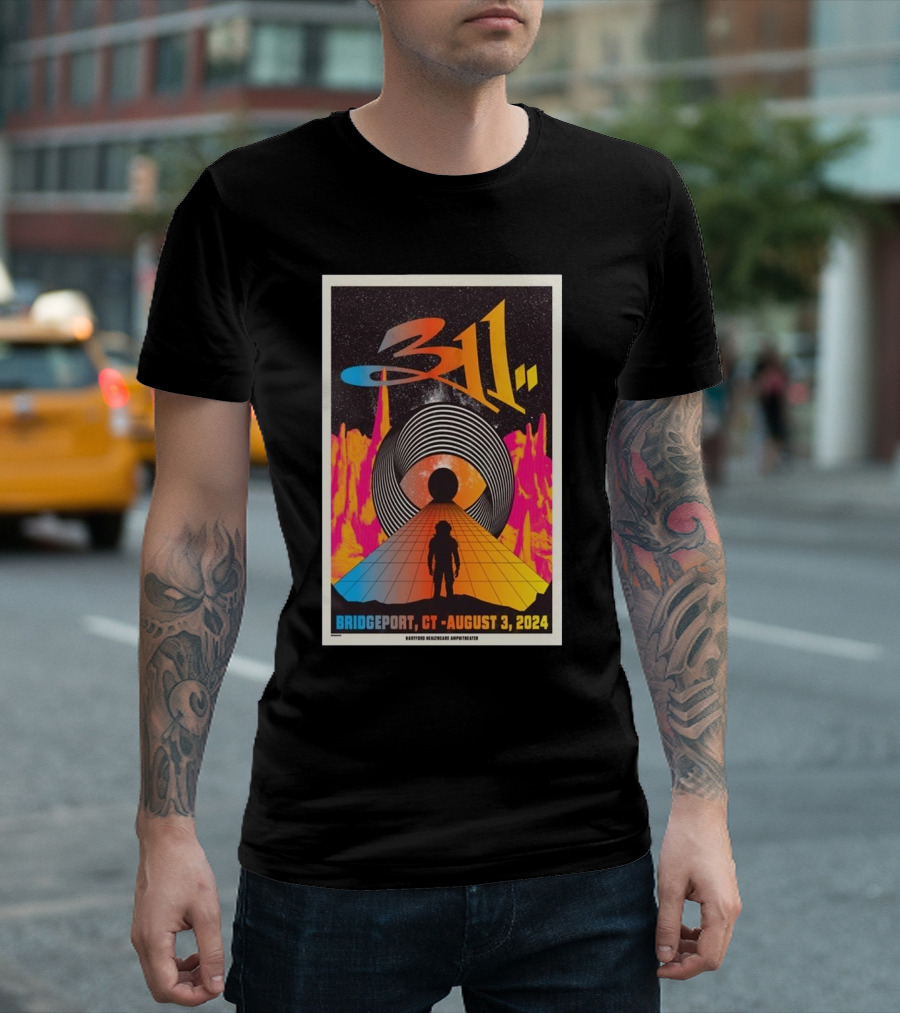 311 Concert Poster at Hartford HealthCare Amphitheater Bridgeport CT August 3 2024 Vintage Sci-Fi Landscape T-Shirt