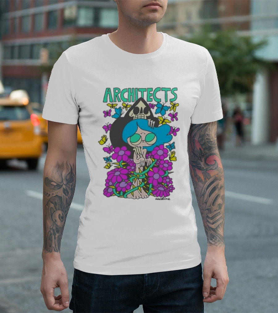 ARCHITECTS Butterfly Skull Skeleton Flowers Blue Hair T-Shirt