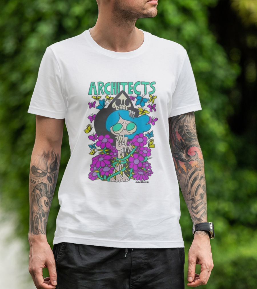ARCHITECTS Butterfly Skull Skeleton Flowers Blue Hair T-Shirt