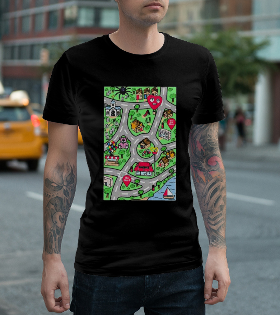 Are We There Yet Cute Cartoon Map With Smiling Landmarks And Colorful Scenery T-Shirt