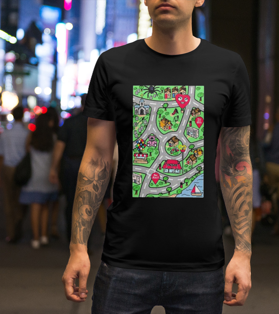 Are We There Yet Cute Cartoon Map With Smiling Landmarks And Colorful Scenery T-Shirt