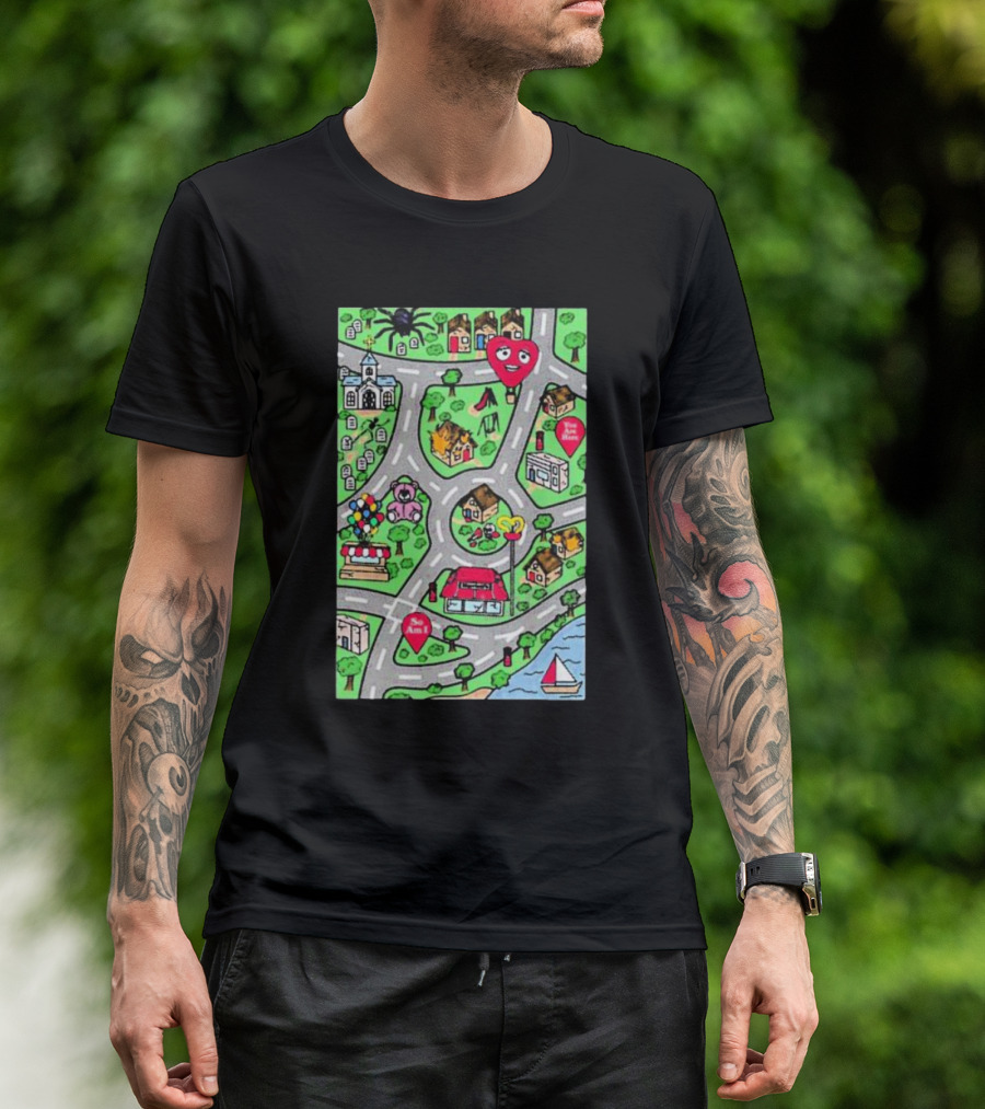 Are We There Yet Cute Cartoon Map With Smiling Landmarks And Colorful Scenery T-Shirt