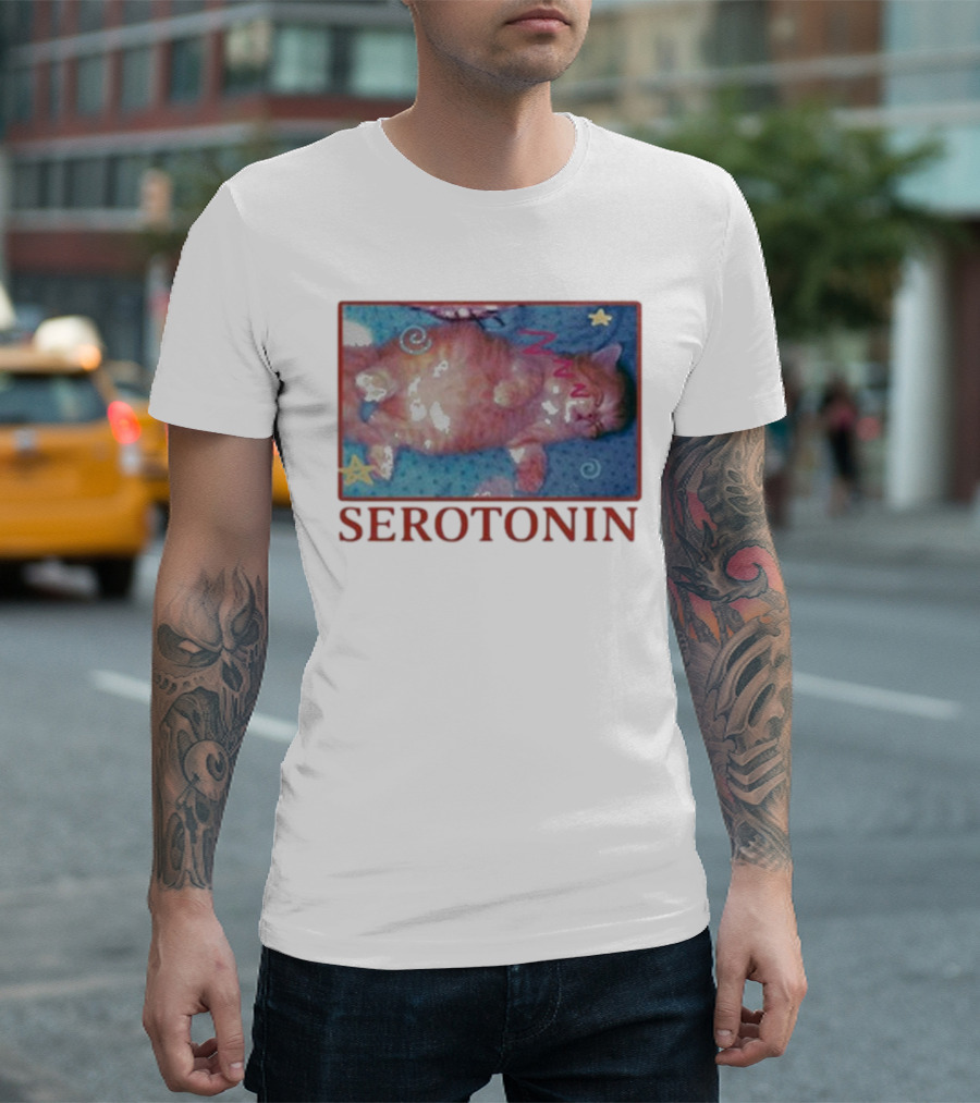 K45ink Serotonin Cat with Stars and Spirals T-Shirt