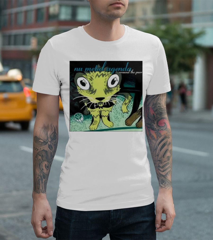 Nu Metal Agenda Around The Purr Feline Illustration with Swirling Colors and Bold Letters T-Shirt