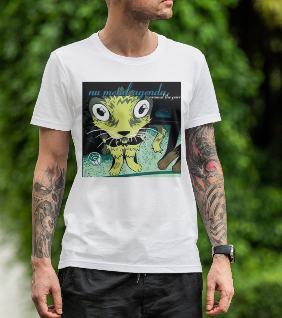 Nu Metal Agenda Around The Purr Feline Illustration With Swirling Colors And Bold Letters T-Shirt